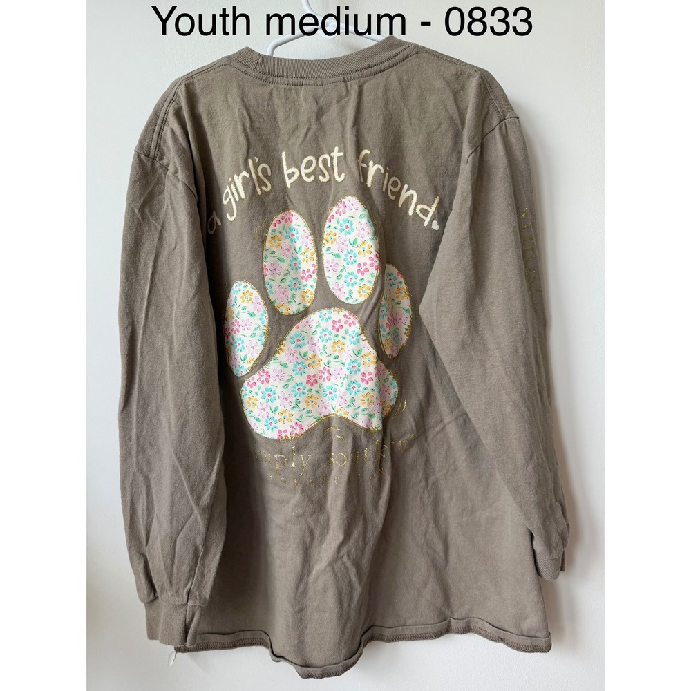 Simply Southern Girls Youth Medium Long Sleeve Paw Print Graphic Tee Taupe Brown